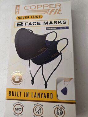 Copper Fit Never Lost Box of Two Face Masks One Size NIB